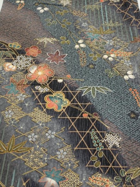 Photo1: 1E01z60  Japanese Kimono Silk  FABRIC Plum blossom Gray 41.3x15.0 (1)