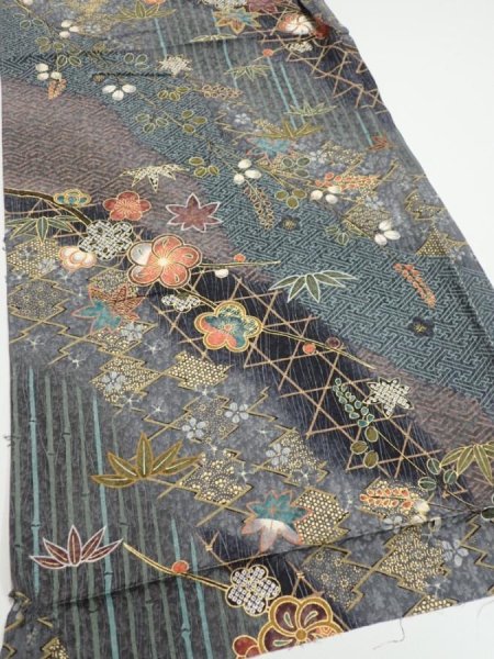 Photo2: 1E01z60  Japanese Kimono Silk  FABRIC Plum blossom Gray 41.3x15.0 (2)