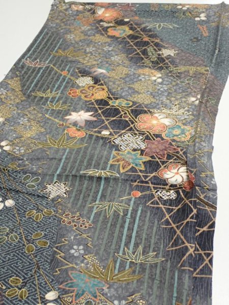 Photo3: 1E01z60  Japanese Kimono Silk  FABRIC Plum blossom Gray 41.3x15.0 (3)