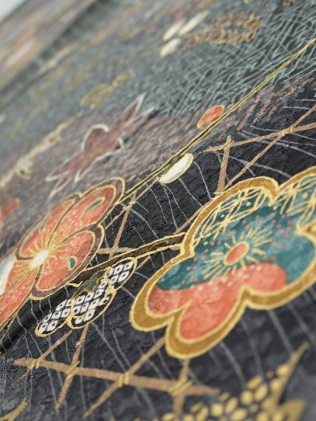 Photo4: 1E01z60  Japanese Kimono Silk  FABRIC Plum blossom Gray 41.3x15.0 (4)