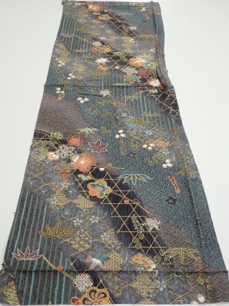 Photo5: 1E01z60  Japanese Kimono Silk  FABRIC Plum blossom Gray 41.3x15.0 (5)