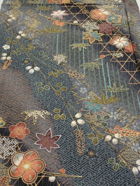 Photo1: 1E02z60  Japanese Kimono Silk  FABRIC Plum blossom Gray 41.7x15.0 (1)