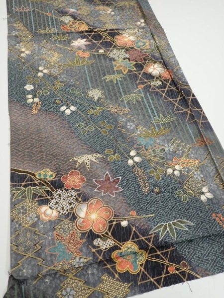 Photo2: 1E02z60  Japanese Kimono Silk  FABRIC Plum blossom Gray 41.7x15.0 (2)