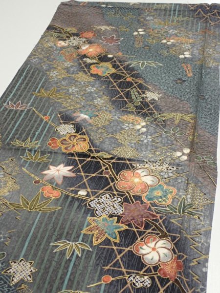 Photo3: 1E02z60  Japanese Kimono Silk  FABRIC Plum blossom Gray 41.7x15.0 (3)