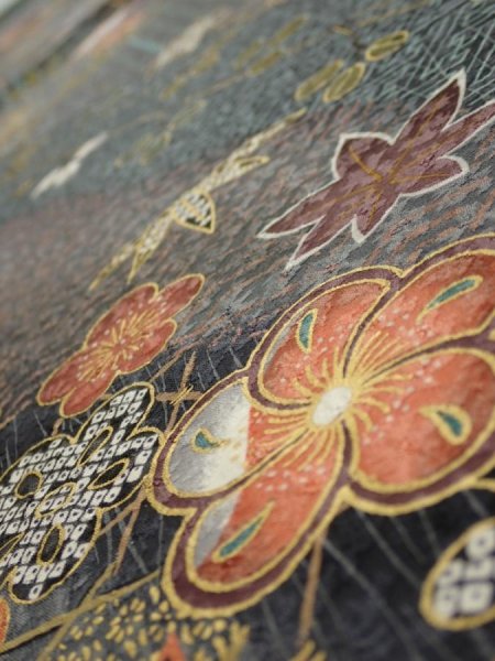 Photo4: 1E02z60  Japanese Kimono Silk  FABRIC Plum blossom Gray 41.7x15.0 (4)