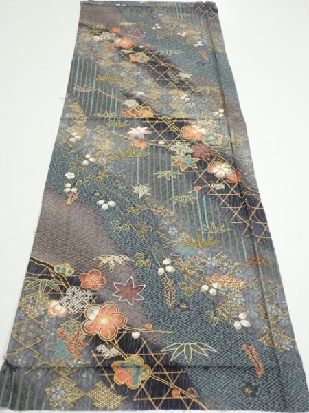 Photo5: 1E02z60  Japanese Kimono Silk  FABRIC Plum blossom Gray 41.7x15.0 (5)