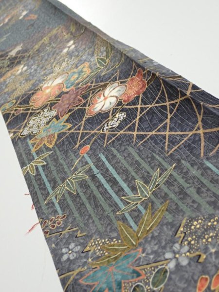 Photo1: 1E08z40  Japanese Kimono Silk  FABRIC Plum blossom Gray 59.8x7.3 (1)