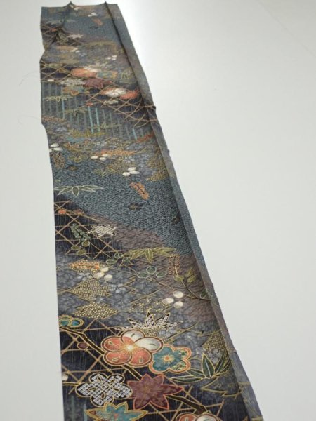 Photo3: 1E08z40  Japanese Kimono Silk  FABRIC Plum blossom Gray 59.8x7.3 (3)