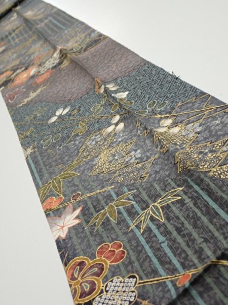 Photo1: 1E09z60  Japanese Kimono Silk  FABRIC Plum blossom Gray 84.3x7.3 (1)