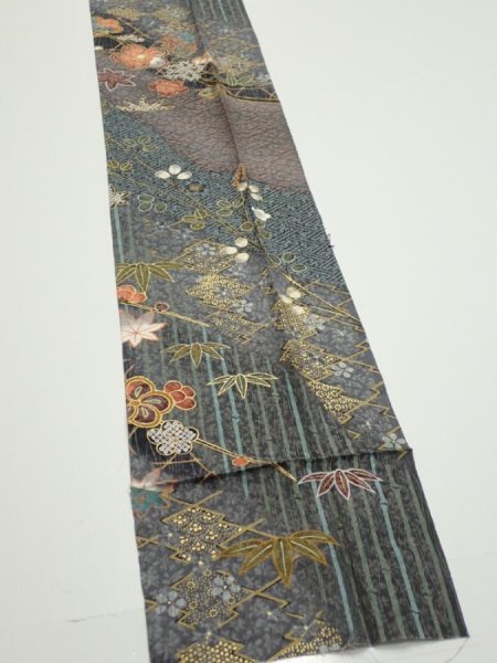 Photo2: 1E09z60  Japanese Kimono Silk  FABRIC Plum blossom Gray 84.3x7.3 (2)