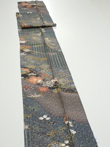 Photo3: 1E09z60  Japanese Kimono Silk  FABRIC Plum blossom Gray 84.3x7.3 (3)