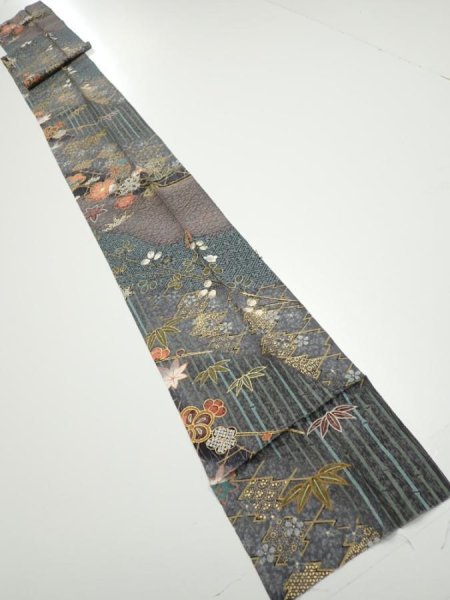 Photo4: 1E09z60  Japanese Kimono Silk  FABRIC Plum blossom Gray 84.3x7.3 (4)