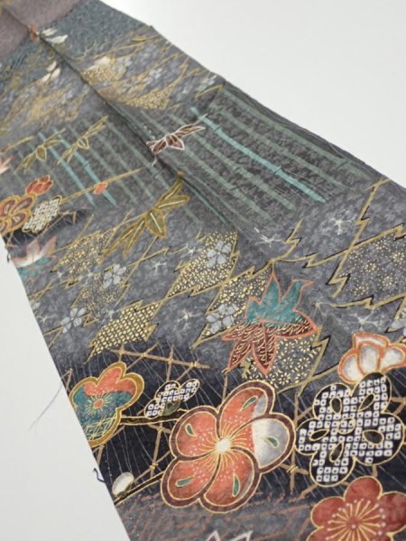 Photo2: 1E10z30  Japanese Kimono Silk  FABRIC Plum blossom Gray 37.0x7.3 (2)