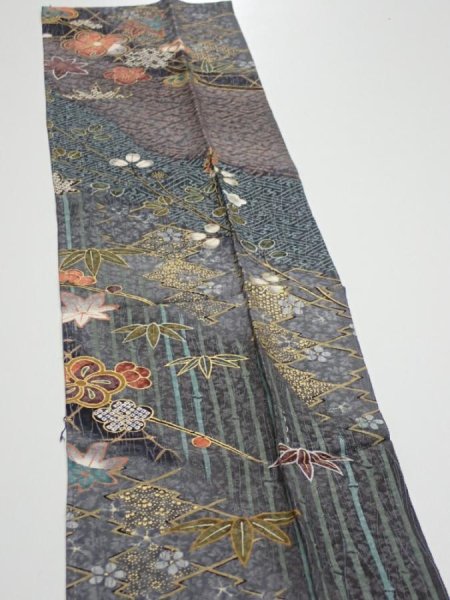 Photo4: 1E10z30  Japanese Kimono Silk  FABRIC Plum blossom Gray 37.0x7.3 (4)