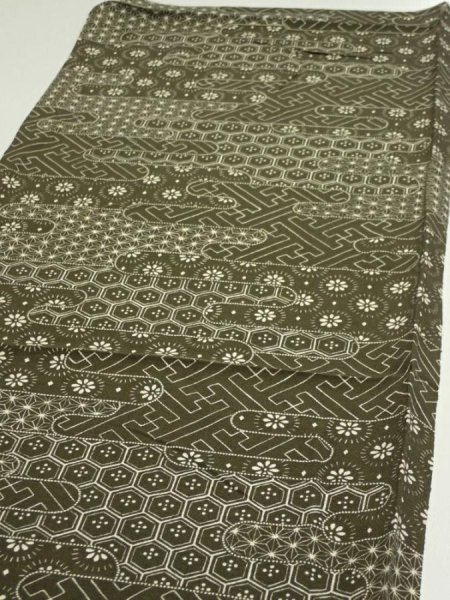 Photo3: 1A01z50  Japanese Kimono Silk  FABRIC Egasumi Dark olive 41.7x14.2 (3)