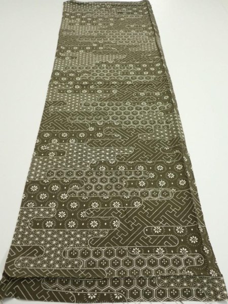 Photo5: 1A01z50  Japanese Kimono Silk  FABRIC Egasumi Dark olive 41.7x14.2 (5)