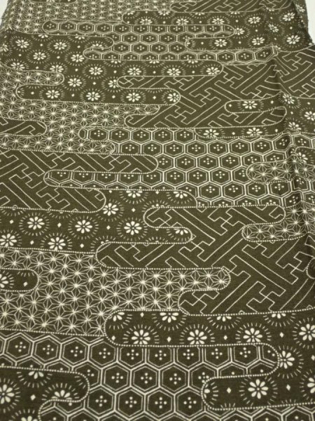 Photo1: 1A03z80  Japanese Kimono Silk  FABRIC Egasumi Dark olive 62.2x14.2 (1)