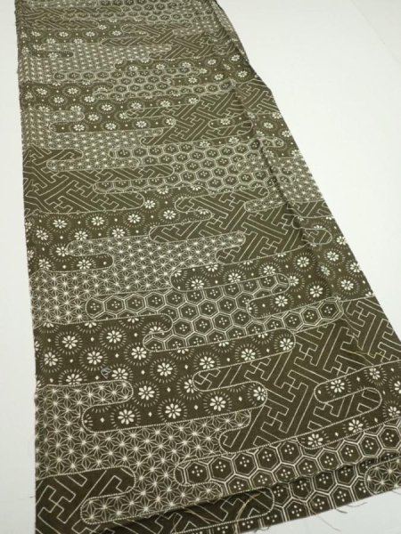 Photo2: 1A04z80  Japanese Kimono Silk  FABRIC Egasumi Dark olive 62.2x14.2 (2)