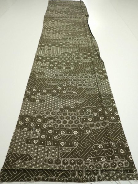 Photo5: 1A04z80  Japanese Kimono Silk  FABRIC Egasumi Dark olive 62.2x14.2 (5)