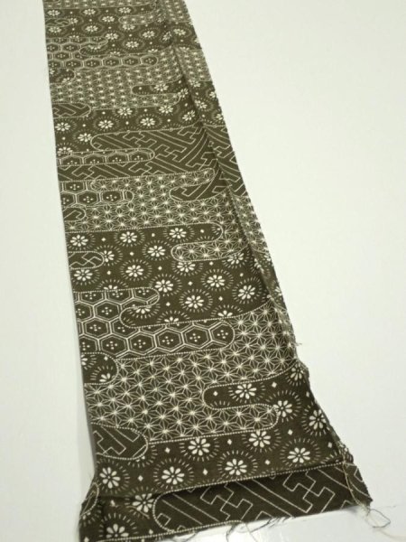 Photo2: 1A08z40  Japanese Kimono Silk  FABRIC Egasumi Dark olive 59.1x7.3 (2)