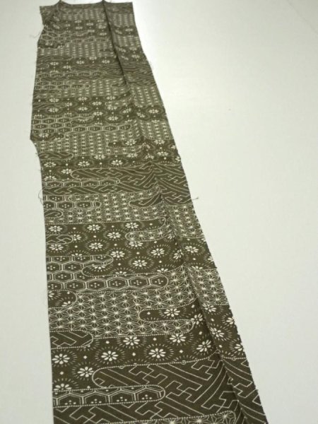 Photo3: 1A08z40  Japanese Kimono Silk  FABRIC Egasumi Dark olive 59.1x7.3 (3)