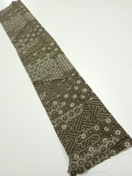 Photo1: 1A10z20  Japanese Kimono Silk  FABRIC Egasumi Dark olive 36.6x6.7 (1)