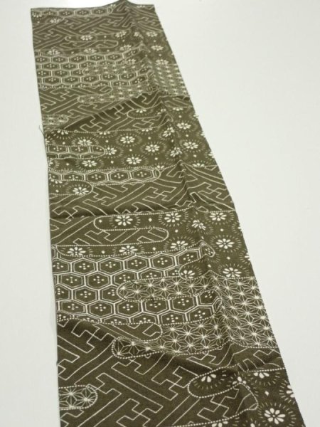 Photo4: 1A10z20  Japanese Kimono Silk  FABRIC Egasumi Dark olive 36.6x6.7 (4)