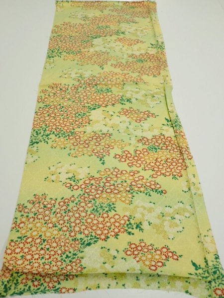 Photo5: 1A01z60  Japanese Kimono Silk  FABRIC Flowers Lime-Yellow 38.6x14.6 (5)