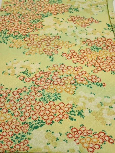 Photo1: 1A02z60  Japanese Kimono Silk  FABRIC Flowers Lime-Yellow 38.6x14.8 (1)