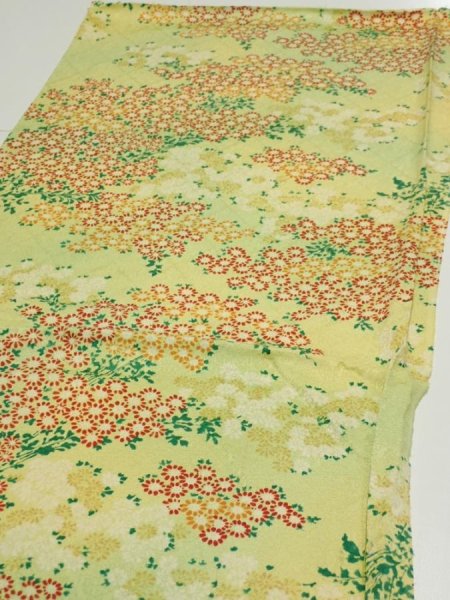 Photo3: 1A02z60  Japanese Kimono Silk  FABRIC Flowers Lime-Yellow 38.6x14.8 (3)