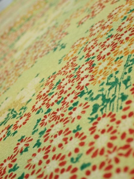 Photo4: 1A02z60  Japanese Kimono Silk  FABRIC Flowers Lime-Yellow 38.6x14.8 (4)