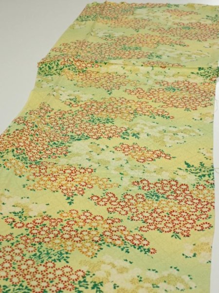 Photo3: 1A05z90  Japanese Kimono Silk  FABRIC Flowers Lime-Yellow 60.6x14.6 (3)