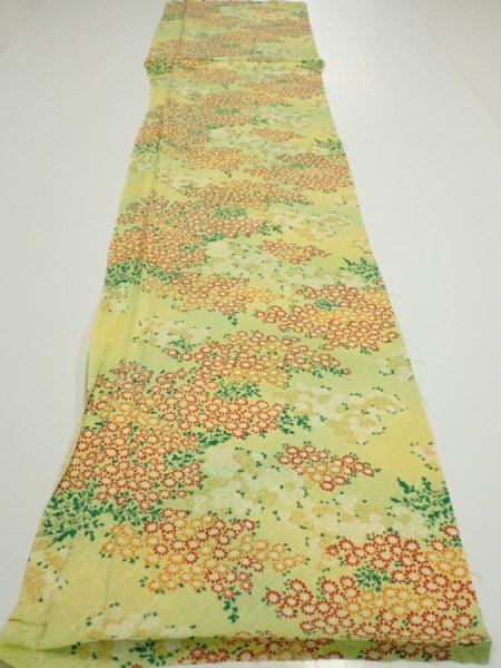 Photo5: 1A06z90  Japanese Kimono Silk  FABRIC Flowers Lime-Yellow 60.6x14.4 (5)