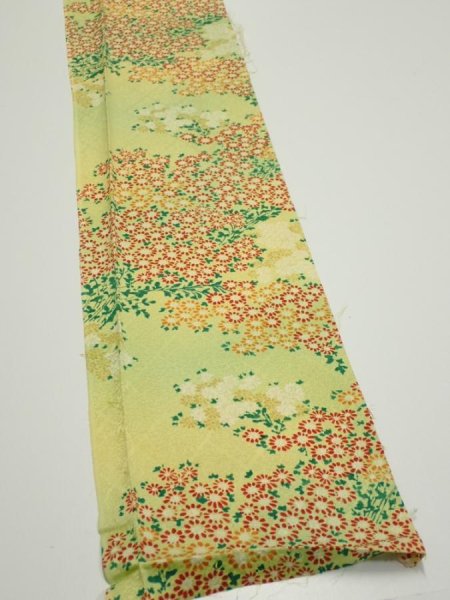Photo2: 1A07z40  Japanese Kimono Silk  FABRIC Flowers Lime-Yellow 53.5x7.5 (2)