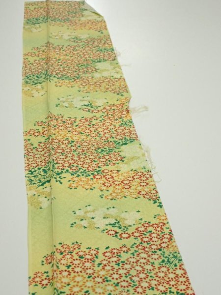 Photo3: 1A07z40  Japanese Kimono Silk  FABRIC Flowers Lime-Yellow 53.5x7.5 (3)