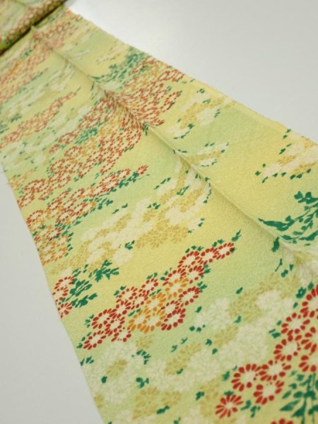 Photo1: 1A09z50  Japanese Kimono Silk  FABRIC Flowers Lime-Yellow 75.2x6.9 (1)
