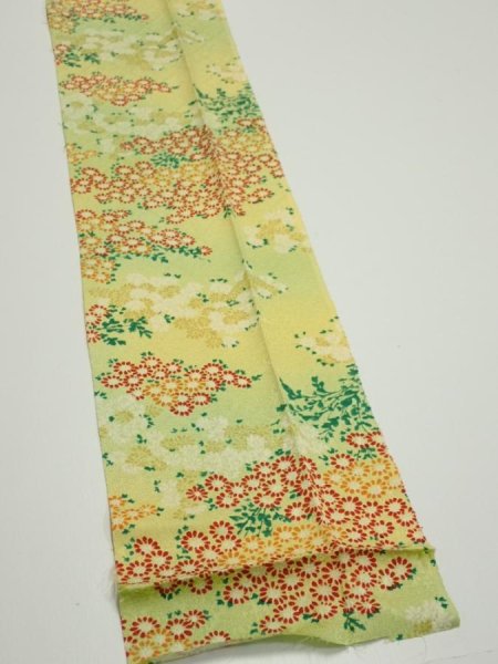 Photo2: 1A09z50  Japanese Kimono Silk  FABRIC Flowers Lime-Yellow 75.2x6.9 (2)