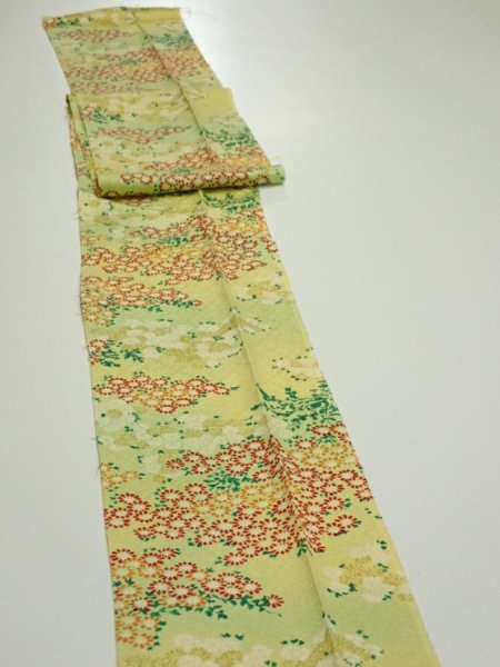 Photo3: 1A09z50  Japanese Kimono Silk  FABRIC Flowers Lime-Yellow 75.2x6.9 (3)