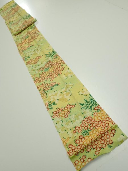 Photo5: 1A09z50  Japanese Kimono Silk  FABRIC Flowers Lime-Yellow 75.2x6.9 (5)