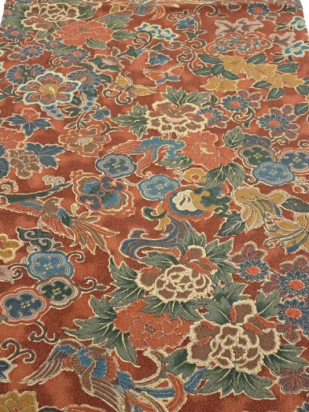 Photo1: 1A01z70  Japanese Kimono Crepe Silk  FABRIC Flowers Red-Brown 44.1x14.6 (1)