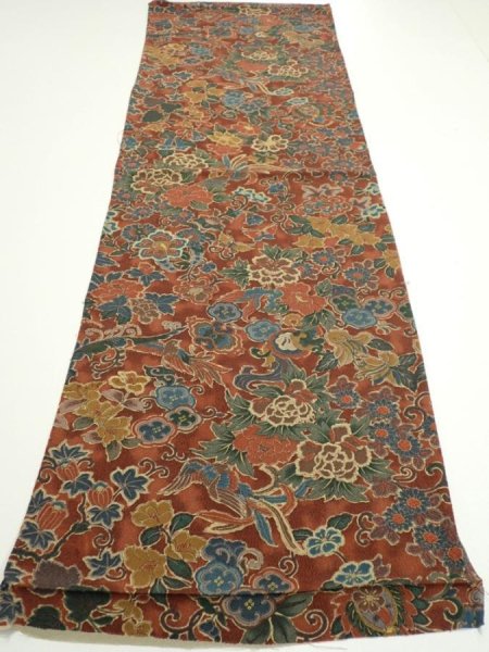 Photo5: 1A01z70  Japanese Kimono Crepe Silk  FABRIC Flowers Red-Brown 44.1x14.6 (5)