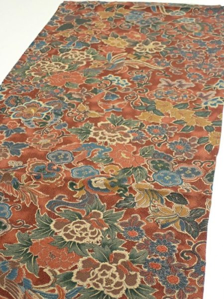 Photo3: 1A02z70  Japanese Kimono Crepe Silk  FABRIC Flowers Red-Brown 44.1x14.8 (3)