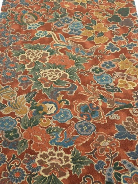 Photo1: 1A04z110  Japanese Kimono Crepe Silk  FABRIC Flowers Red-Brown 67.3x14.8 (1)