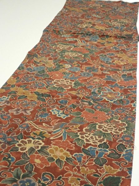 Photo3: 1A05z110  Japanese Kimono Crepe Silk  FABRIC Flowers Red-Brown 67.7x14.8 (3)