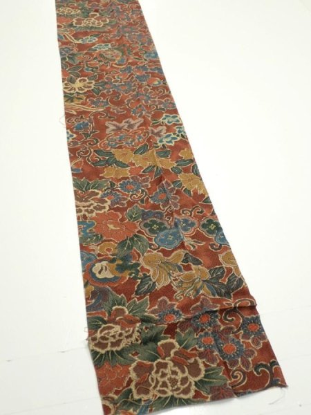 Photo2: 1A09z70  Japanese Kimono Crepe Silk  FABRIC Flowers Red-Brown 89.4x7.1 (2)
