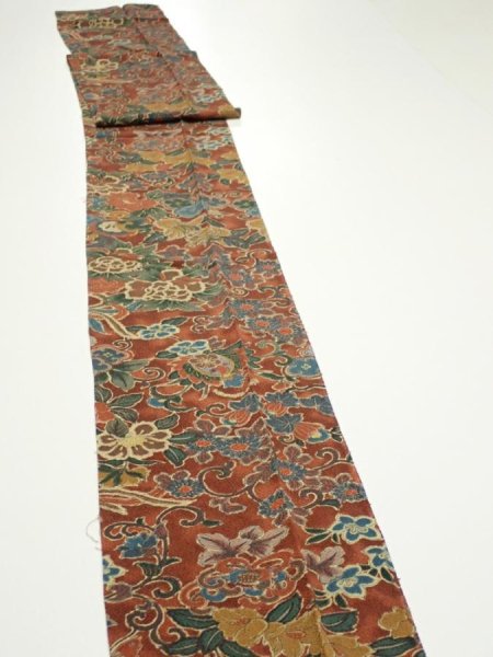 Photo3: 1A09z70  Japanese Kimono Crepe Silk  FABRIC Flowers Red-Brown 89.4x7.1 (3)