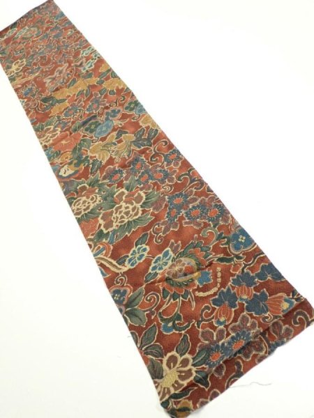 Photo1: 1A10z30  Japanese Kimono Crepe Silk  FABRIC Flowers Red-Brown 36.6x7.3 (1)