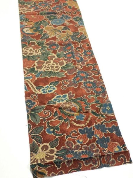 Photo3: 1A10z30  Japanese Kimono Crepe Silk  FABRIC Flowers Red-Brown 36.6x7.3 (3)