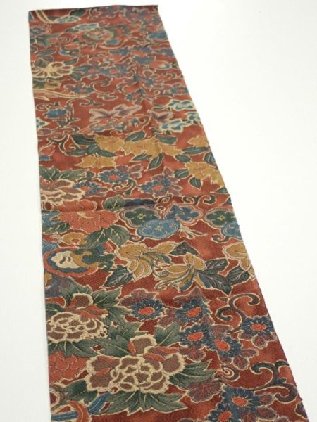 Photo4: 1A10z30  Japanese Kimono Crepe Silk  FABRIC Flowers Red-Brown 36.6x7.3 (4)