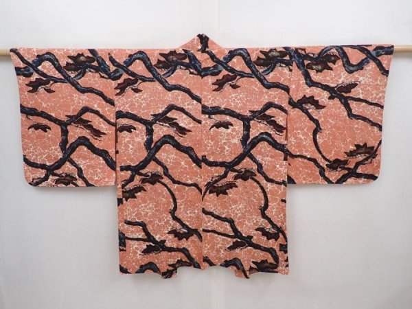 Photo1: 6319T06z410 Vintage Japanese Kimono Silk HAORI Pine branch Dark coral (1)